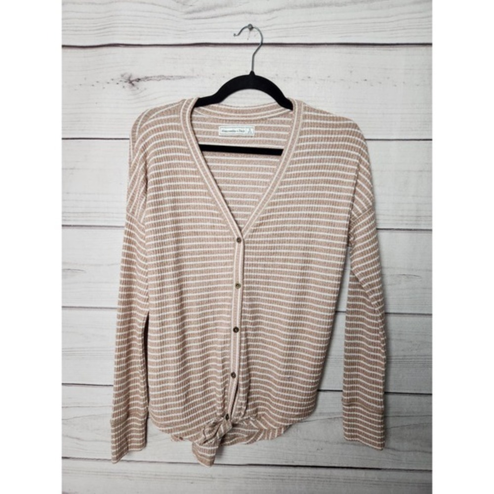 Abercrombie & Fitch Beige and White Striped Tie-Front Cardigan